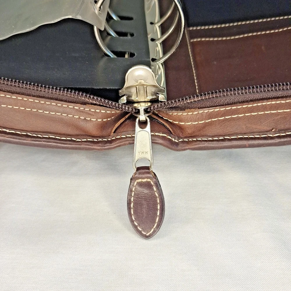 Franklin Covey 7 Ring Brown Leather Carry Handle Full Zip Briefcase Binder 3744